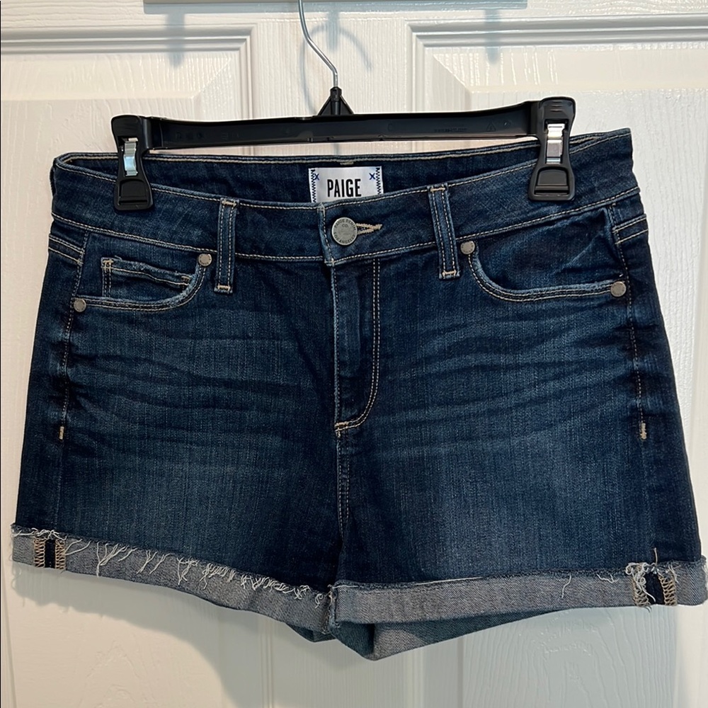 PAIGE Blue Jean Shorts with Cuffed Hem and Distressed Details